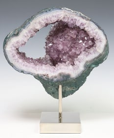 LARGE GEOLOGICAL AMETHYST GEODE SPECIMEN ON POLISHED NICKEL BASE