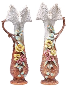 (2) FRENCH ART NOUVEAU BARBOTINE MAJOLICA FOLIATE VASES