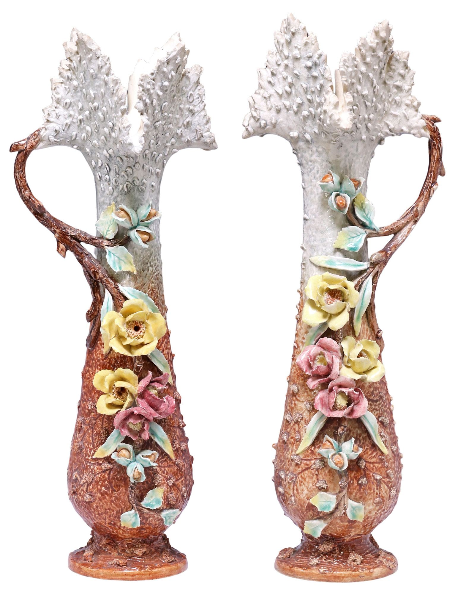 (2) FRENCH ART NOUVEAU BARBOTINE MAJOLICA FOLIATE VASES (1 of 6)