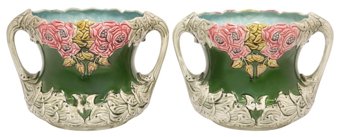 (2) FRENCH ONNAING ART NOUVEAU MAJOLICA PLANTERS / JARDINIERES