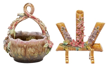 (2) FRENCH ART NOUVEAU BARBOTINE MAJOLICA JARDINIERE & TULIPIERE VASE