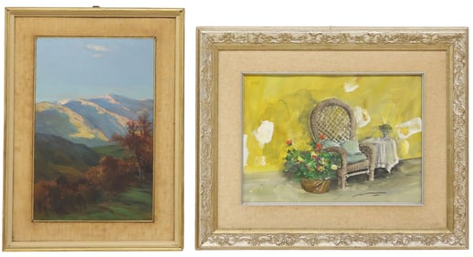 (2) SIGNED MERELL LANDSCAPE PAINTING & EMBELLISHED PRINT