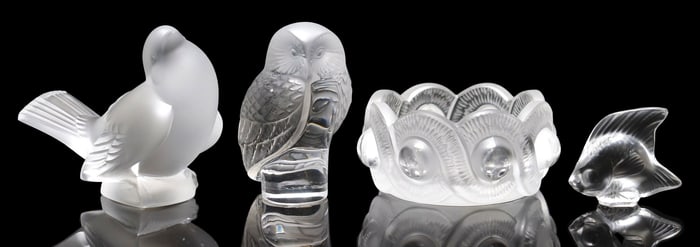 (4) FRENCH LALIQUE ART CRYSTAL 'GAO' BOWL, BIRD & FISH FIGURES