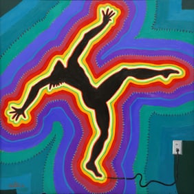 SIGNED DARRELL ABSTRACT FIGURE PAINTING, 'ELECTRIC GIRL,' 48" X 48"