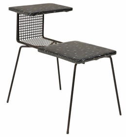 MID-CENTURY MODERN UPHOLSTERED IRON TELEPHONE TABLE / GOSSIP BENCH