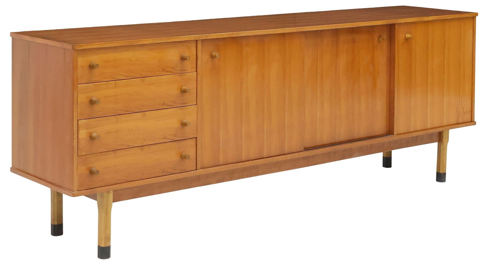 ITALIAN MID-CENTURY MODERN TEAK SIDEBOARD: Italian mid-century modern teak sideboard, c.1960s, rectangular case with central dual sliding doors enclosing fixed-height shelf, cabinet door revealing additional fixed shelf, fitted with four drawe