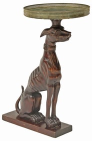 CARVED WOOD FIGURAL SEATED GREYHOUND PEDESTAL TABLE