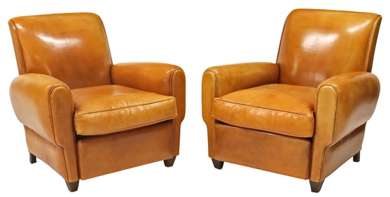(2) FRENCH ART DECO STYLE TAN LEATHER CLUB CHAIRS