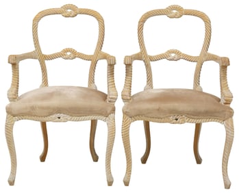 (2) MODERN CARVED KNOTTED ROPE FRAME UPHOLSTERED ARMCHAIRS
