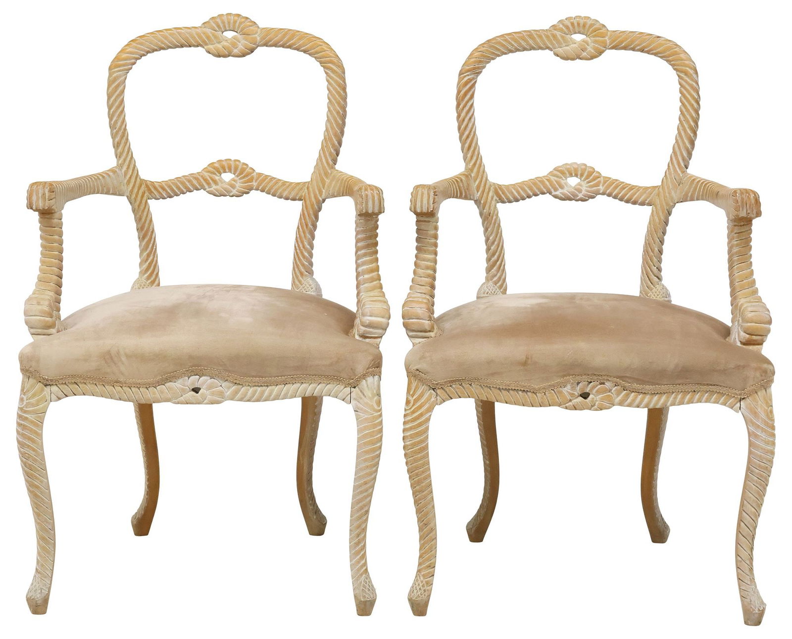(2) MODERN CARVED KNOTTED ROPE FRAME UPHOLSTERED ARMCHAIRS (1 of 3)