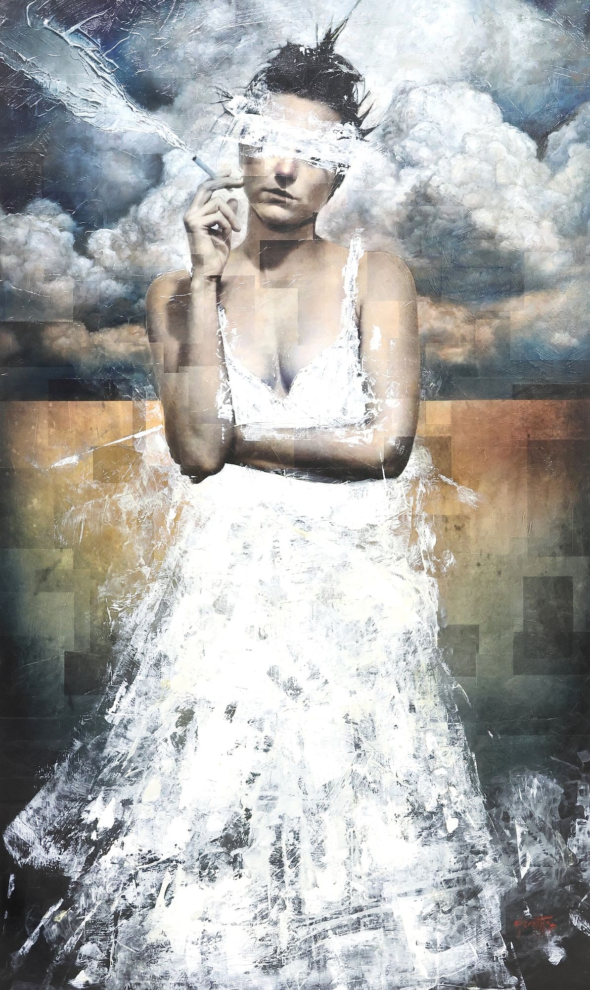 BRYAN EL CASTILLO (20TH C.) CONTEMPORARY PORTRAIT COLLAGE, 60" X 36": Gallery-wrapped mixed media collage with oil paint on canvas, "Fuck You Angel," signed lower right El Castillo (Bryan El Castillo, American, 20th c.), approx 60"h, 36"w, 13.5lbs