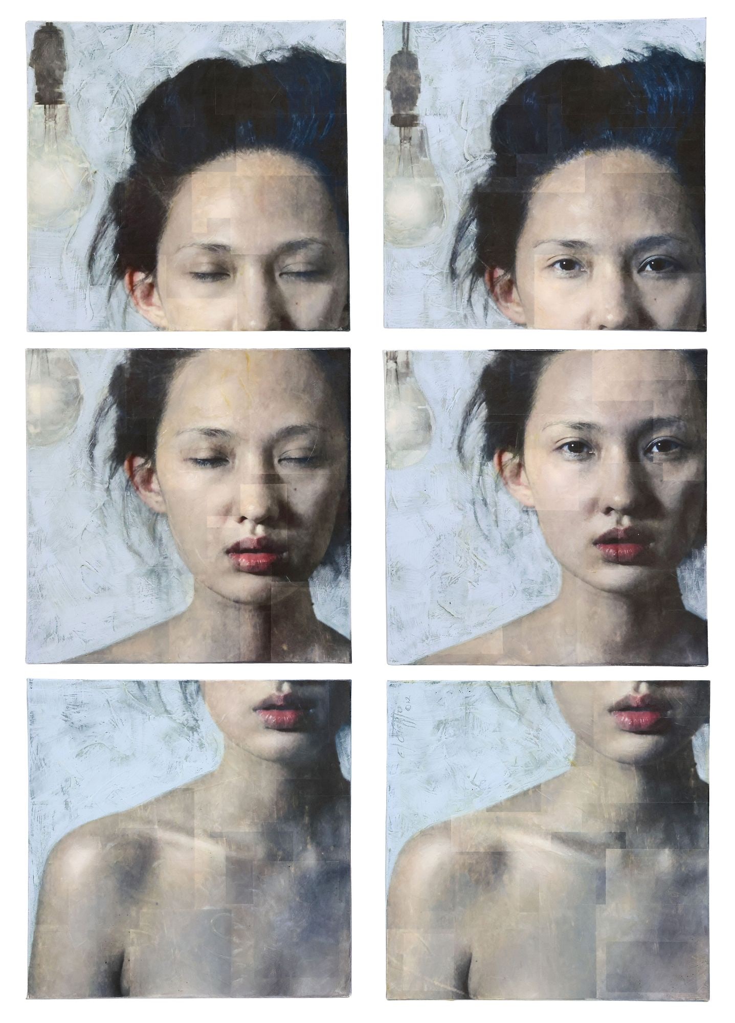 (6) BRYAN EL CASTILLO (20TH C.) POLYPTYCH PORTRAIT COLLAGE, 'BLUE': (lot of 6) Gallery-wrapped polyptych on canvas, "Blue," one signed upper left El Castillo (Bryan El Castillo, American, 20th c.), dated [20]12, mixed media with collage and oil paint, each overall: ap