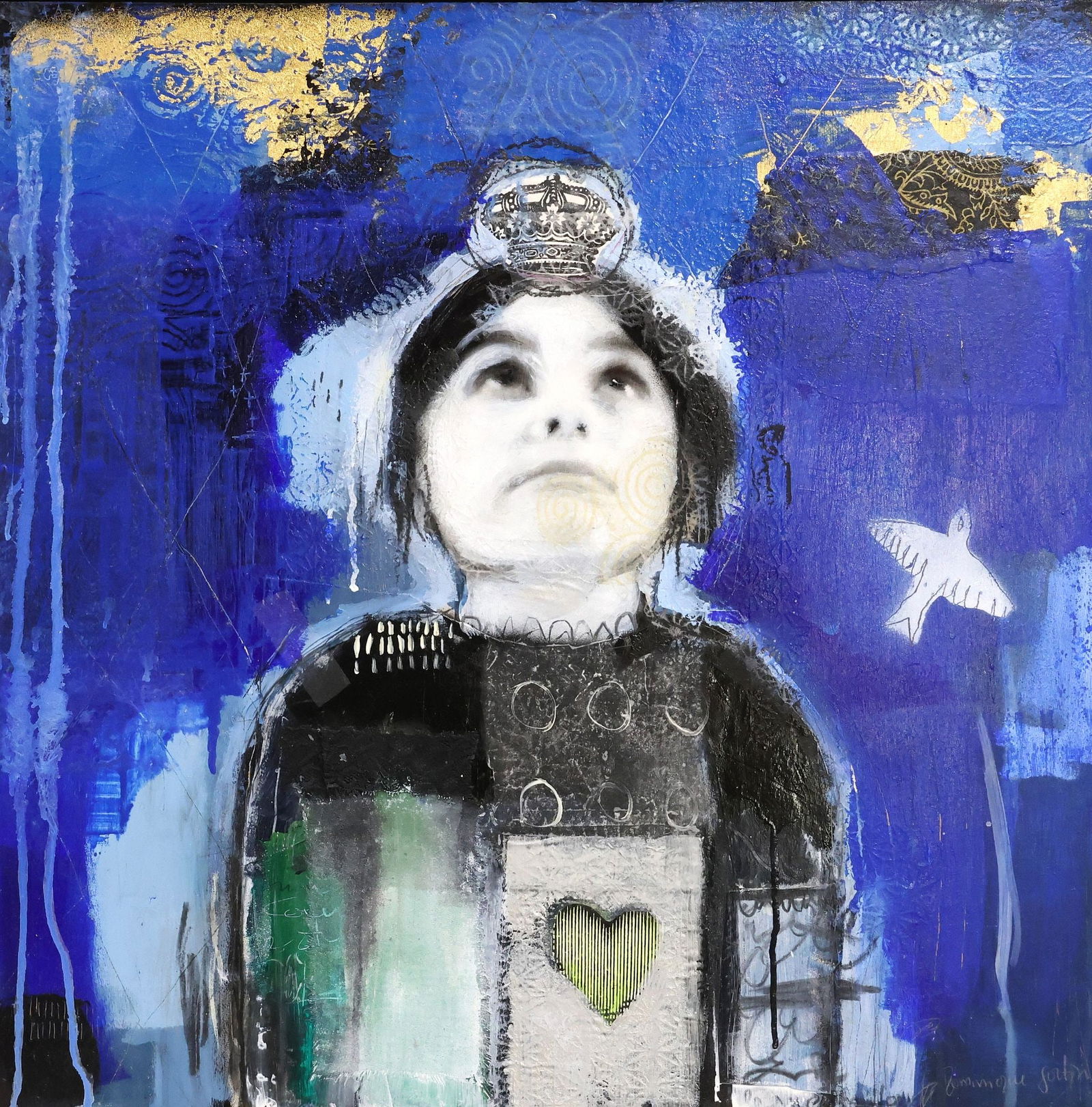 DOMINIQUE FORTIN (B.1974) MIXED MEDIA COLLAGE, 'CHERCHEUR D'ETOILES II': Framed mixed media collage on board, "Chercheur d'Etoiles II," signed lower right Dominique Fortin (Canadian, b.1974), additional artist's signature verso, board: approx 24"h, 24"w, overall: approx 29