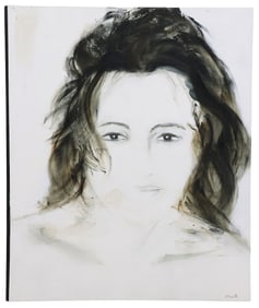 LUCILLE MARCOTTE (B.1951) PORTRAIT PAINTING, 'DROIT DEVANT,' 48" X 40"