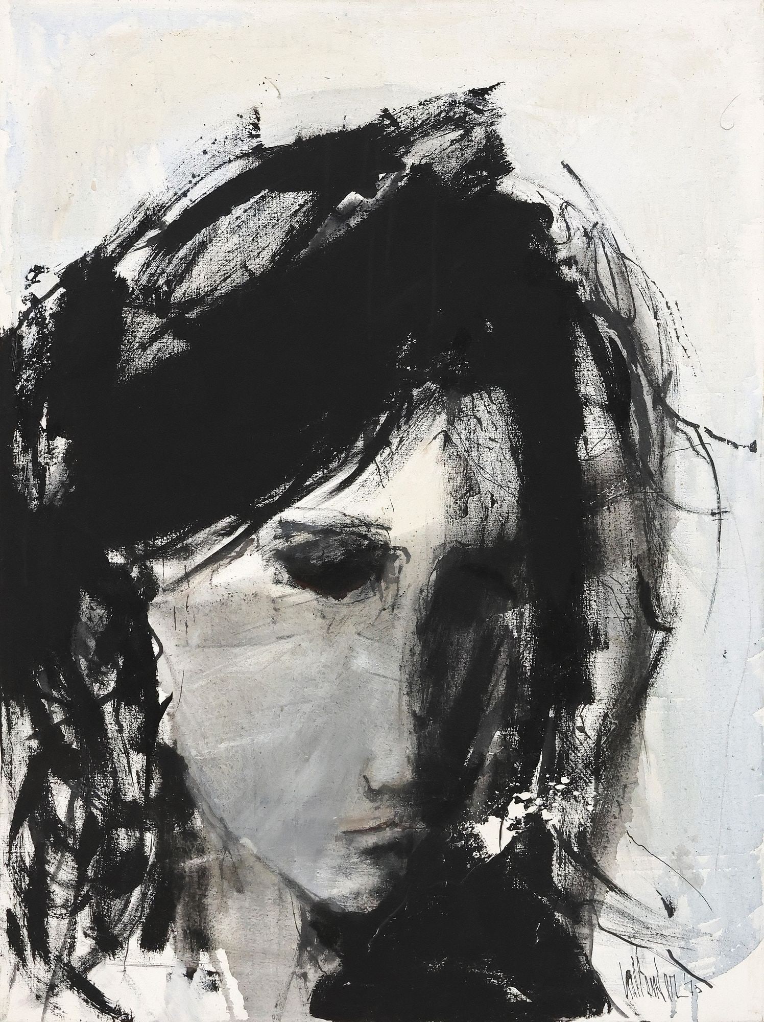 GINO HOLLANDER (D.2015) PAINTING, EXPRESSIONIST FEMALE PORTRAIT, 40" X 30": Framed oil on canvas painting, Abstract Expressionist Portrait of a Woman, signed lower right G. Hollander (Gino Hollander, California/ Colorado/ Spain, 1924-2015), dated [19]73, sight: approx 40"h, 3