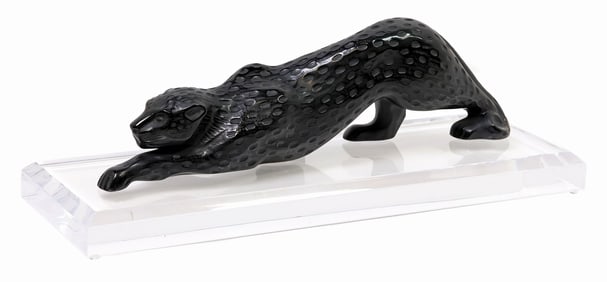 FRENCH LALIQUE BLACK ART CRYSTAL 'ZEILA' PANTHER SCULPTURE ON ACRYLIC BASE