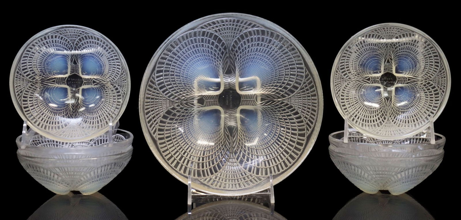 (7) R. LALIQUE 'COQUILLES'  SHELL PATTERN ART GLASS BOWL SERVICE SET (1 of 6)