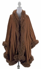 LADIES FUR SALON AT SAKS FIFTH AVENUE DYED FOX TRIMMED CAPE WITH TAGS