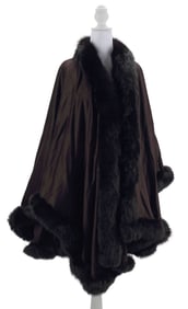 LADIES FUR SALON AT SAKS FIFTH AVENUE DYED FOX TRIMMED CAPE WITH TAGS