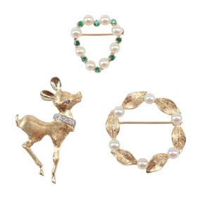 (3) ESTATE 18kt & 14KT YELLOW GOLD & GEMSTONE BROOCHES / PINS