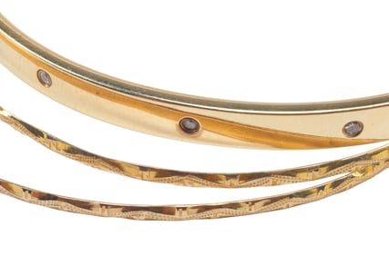 (3) ESTATE 14KT YELLOW GOLD BANGLE BRACELETS, ONE WITH DIAMONDS