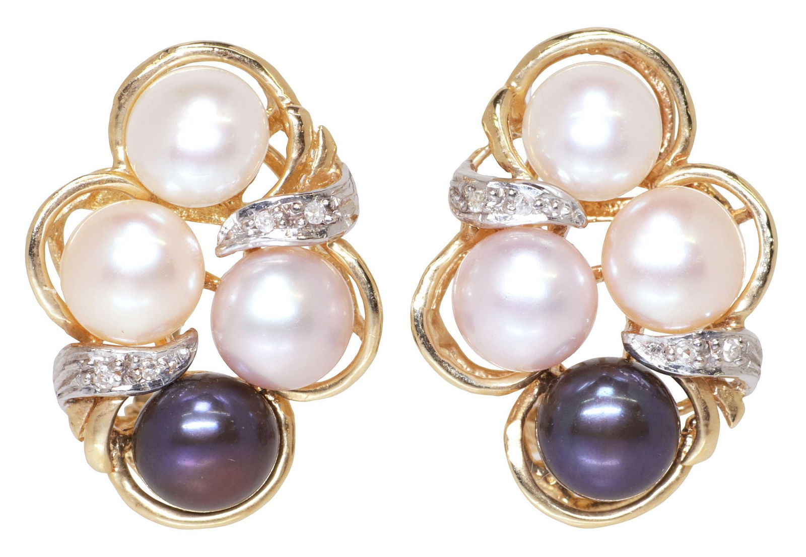 ESTATE 14KT GOLD, MULTICOLOR PEARL & DIAMOND EARRINGS: (pair) Estate 14kt yellow gold earrings, openwork frame centering (four) multicolor cultured freshwater pearls, accented with curved diamond-set ribbons, fitted with omega backs, approx .75"l, 5/8"w,