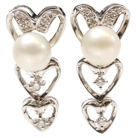 (PAIR) ESTATE ITALIAN 18KT WHITE GOLD & CULTURED PEARL EARRINGS