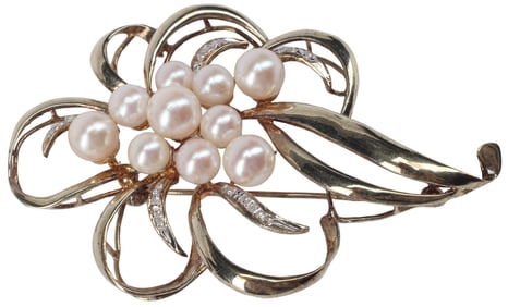 ESTATE 14KT YELLOW GOLD, PEARL & DIAMOND BROOCH