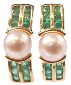 ESTATE 14KT YELLOW GOLD, PEARL & EMERALD EARRINGS