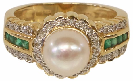 ESTATE 14KT YELLOW GOLD, PEARL, EMERALD & DIAMOND RING