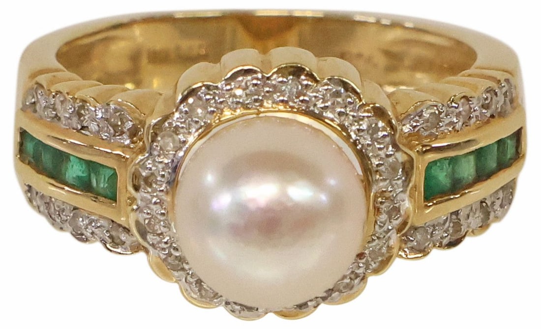 ESTATE 14KT YELLOW GOLD, PEARL, EMERALD & DIAMOND RING (1 of 6)