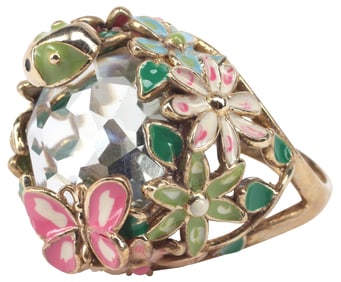 ESTATE ITALIAN 14KT YELLOW GOLD, ENAMEL & CRYSTAL COCKTAIL RING