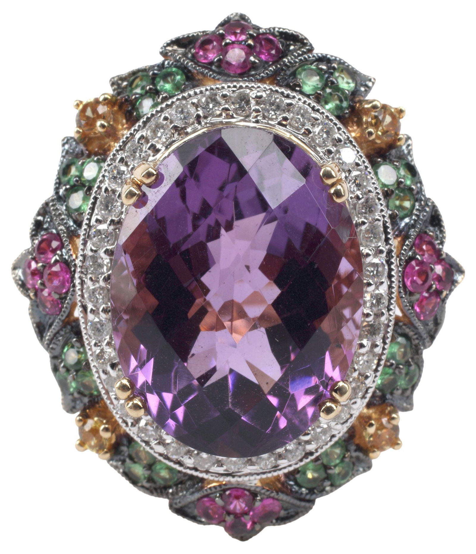 ESTATE 14KT GOLD, AMETHYST, DIAMOND & GEMSTONE COCKTAIL RING (1 of 4)