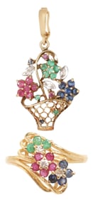 (2) ESTATE 14KT YELLOW GOLD & MULTI-GEMSTONE FLORAL JEWELRY