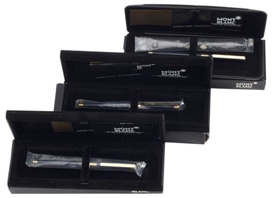 (3) MONTBLANC BLUE AND SILVER BALLPOINT PENS & CASES