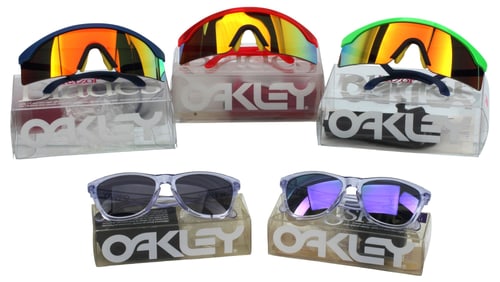 (5) DESIGNER OAKLEY FROG SKINS & RAZOR BLADES SUNGLASSES IN BOXES