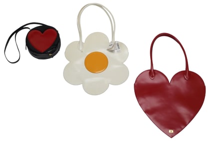 (3) ESTATE DESIGNER MOSCHINO LEATHER HANDBAGS, HEART, FLOWER & PATENT HEART