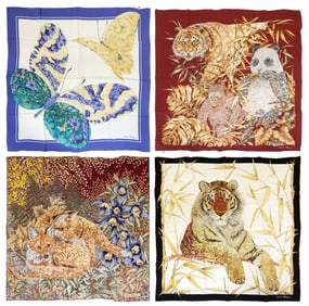 (4) DESIGNER SALVATORE FERRAGAMO FLORAL ANIMAL SILK SCARVES