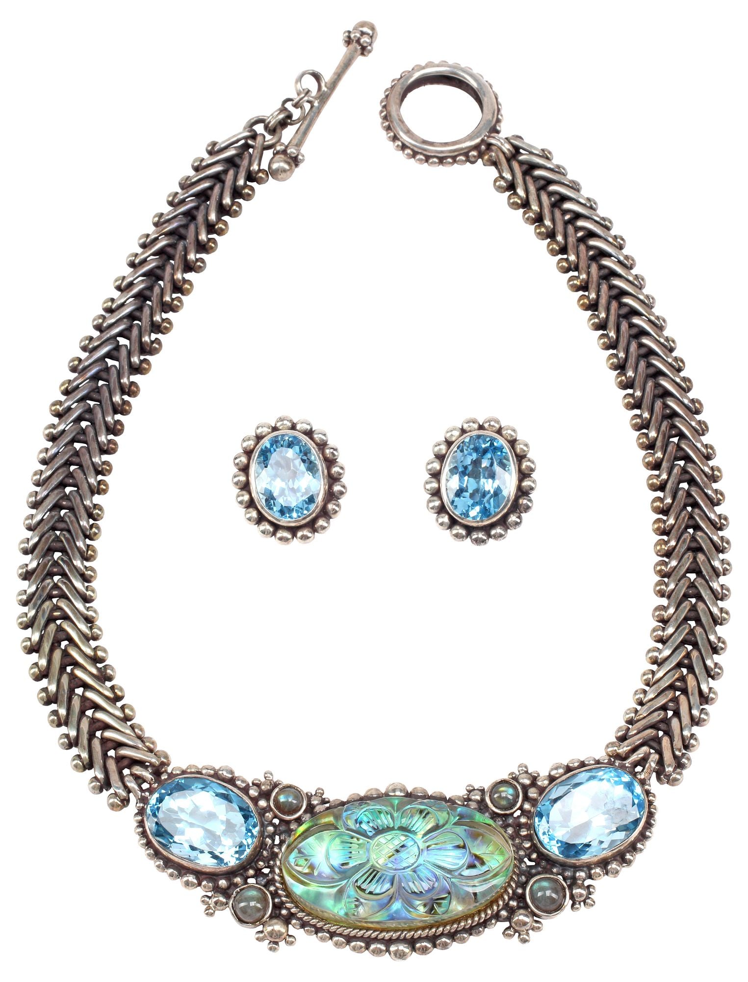 (2) STEPHEN DWECK DESIGNER STERLING, SHELL & TOPAZ JEWELRY SUITE: (lot of 2) Estate designer sterling silver and gemstone jewelry suite, Stephen Dweck, each with bezel-set topaz, including: (1) necklace, central carved abalone inset, with raised floral motif, on her