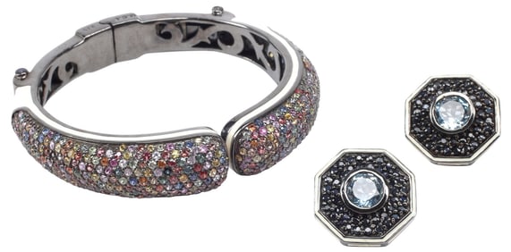 (2) ESTATE MATTHEW CAMPBELL LAURENZA STERLING & SAPPHIRE CUFF & EARRINGS