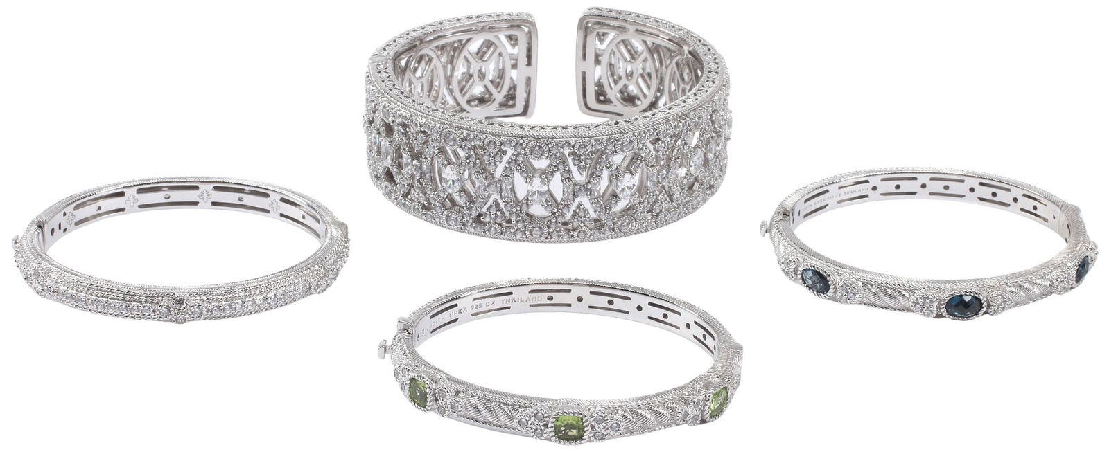 (4) ESTATE JUDITH RIPKA STERLING SILVER & CUBIC ZIRCONIA BRACELETS: (lot of 4) Estate designer sterling silver bracelets, Judith Ripka, each set with cubic zirconia, hallmarked CZ 925 Thailand, including: (1) hinged cuff bracelet, having pierced band, (3) bangles, wit