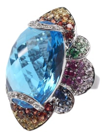 ESTATE 18KT WHITE GOLD, TOPAZ & MULTICOLOR SAPPHIRE STATEMENT RING