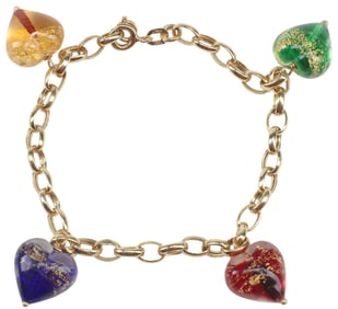 ESTATE ITALIAN 14KT YELLOW GOLD & GLASS HEART CHARM BRACELET