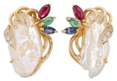 (PR) ESTATE 14KT YELLOW GOLD, BAROQUE PEARL & GEMSTONE EARRINGS