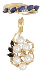 (2) ESTATE 14KT GOLD & SAPPHIRE RING, CULTURED PEARL & DIAMOND PENDANT
