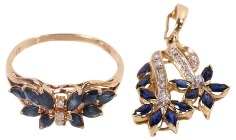 (2) ESTATE 14KT GOLD, DIAMOND & SAPPHIRE RING & PENDANT