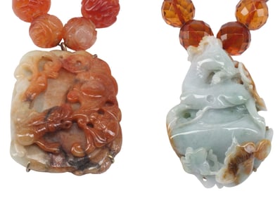 (2) ESTATE CARVED JADE PENDANTS ON BEADED NECKLACES