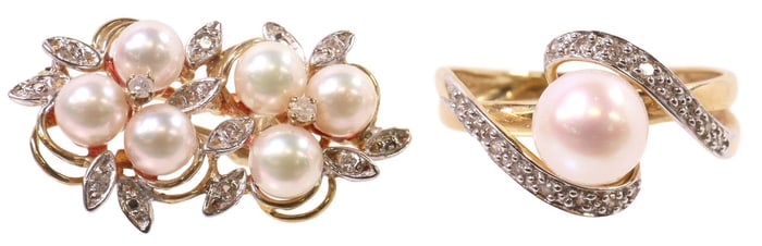 (2) ESTATE 14KT GOLD, DIAMOND & PEARL RING & FOLIATE BROOCH