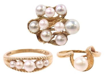 (3) ESTATE 14KT YELLOW GOLD & CULTURED FRESHWATER PEARL RINGS