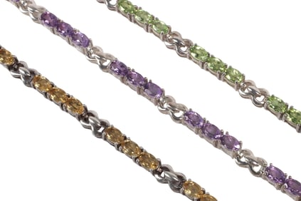 (3) ESTATE STERLING & GEMSTONE LINE BRACELETS, AMETHYST, PERIDOT & CITRINE